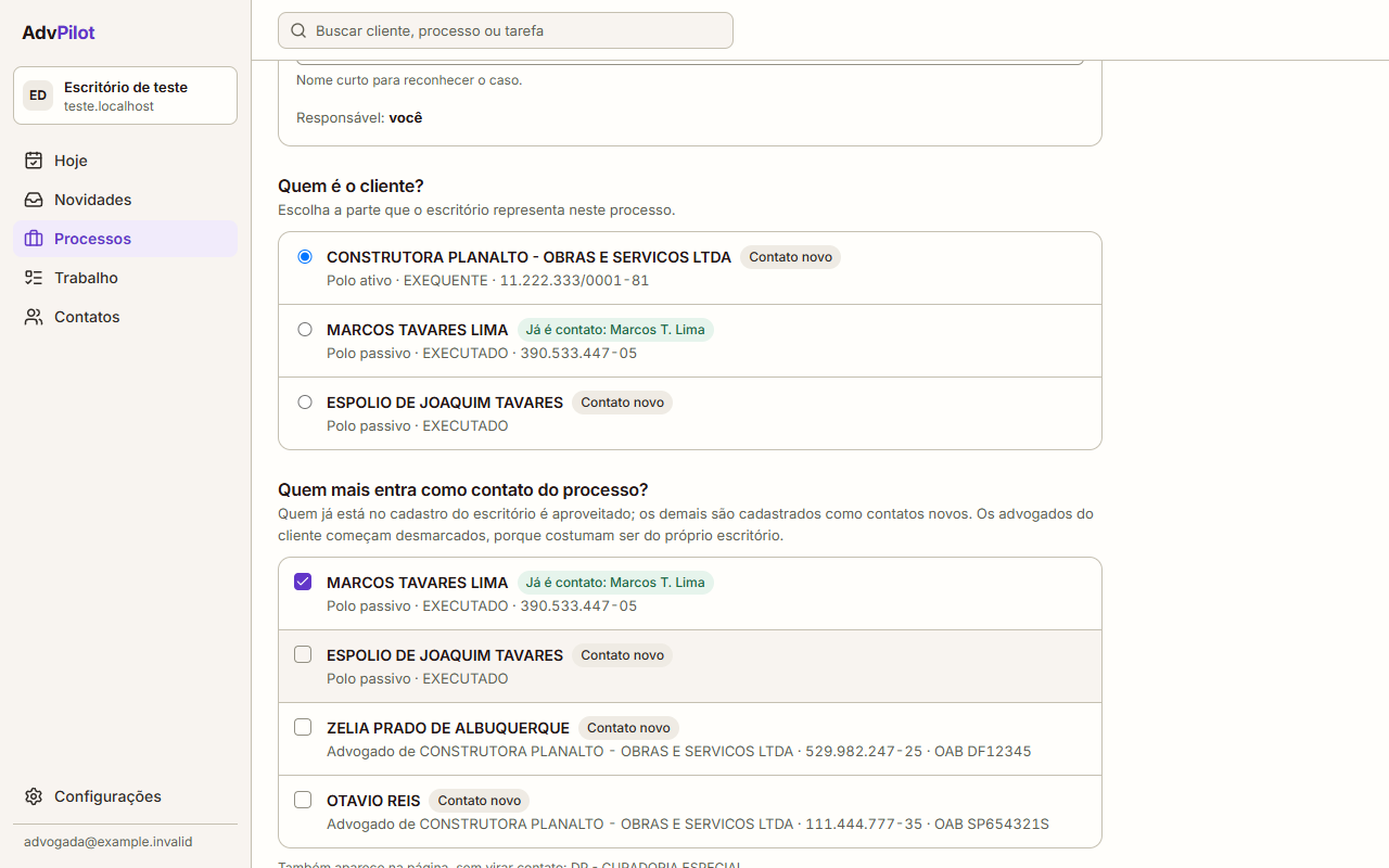 Tela de conferência da importação de um processo, com a escolha do cliente e das partes