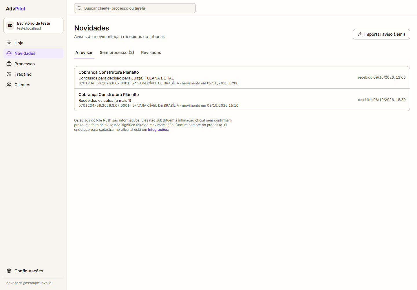 Tela de Novidades do AdvPilot, com os avisos do tribunal aguardando revisão